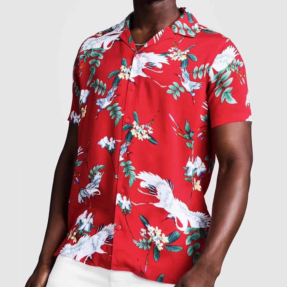 Boohoo MAN Men's Bird Print Summer Hawaiian Shirt Medium